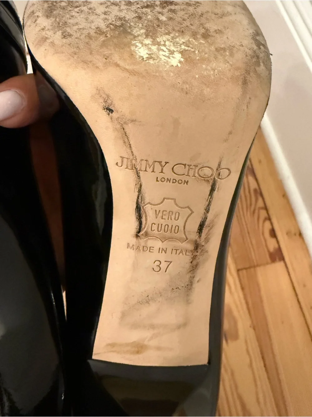 Jimmy Choo Black Patent Leather Peep-Toe Pumps with Gold Buckles